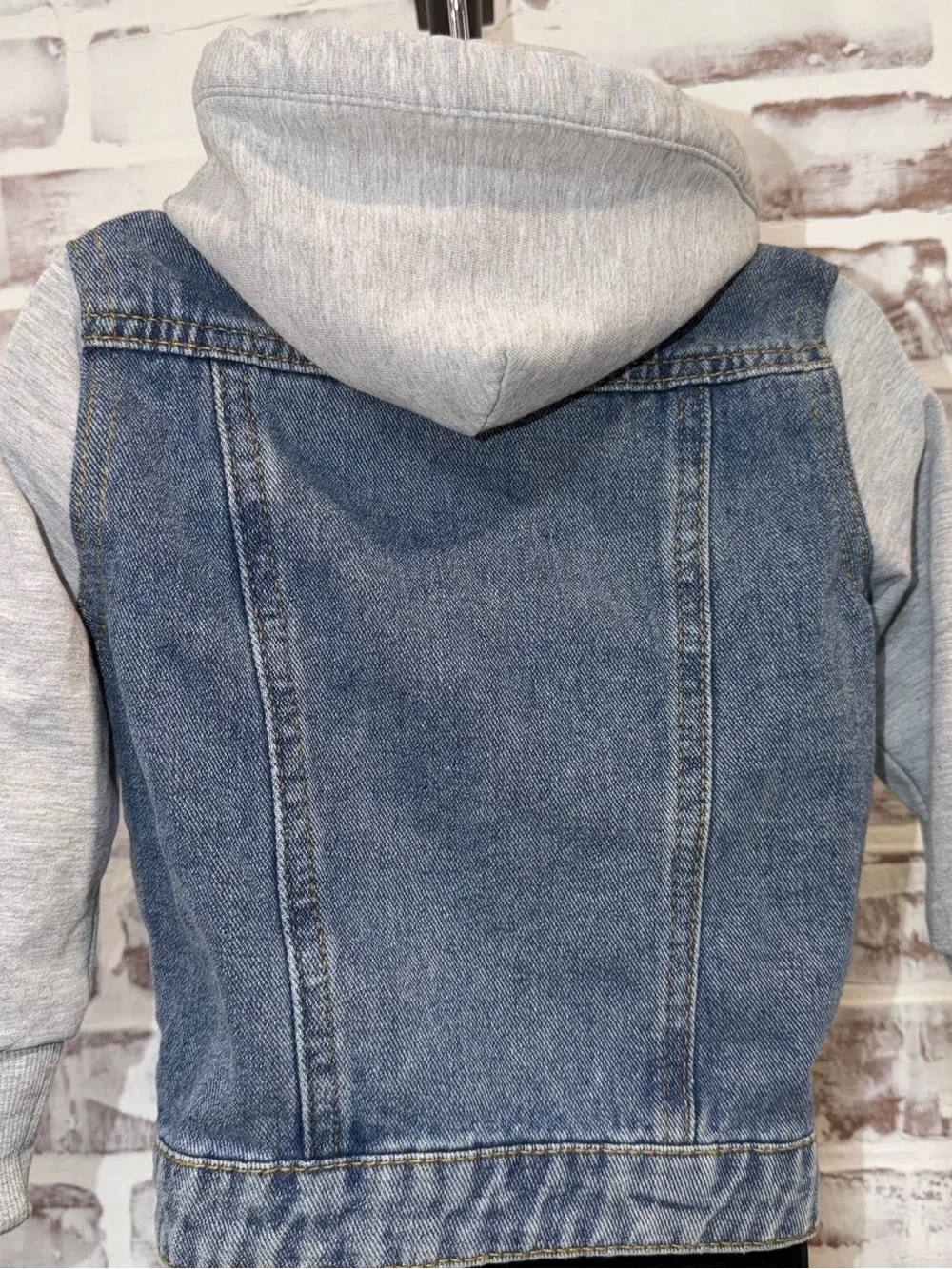 Little Bipsy Blue Denim Jacket with Gray Hoodie Sleeves 6/12m